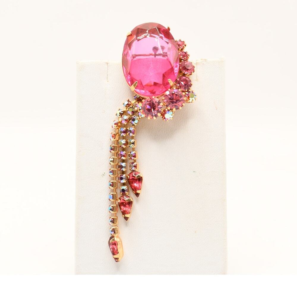 Vintage Pink Rhinestone Dangle Brooch Large Oval AB Crystal Gold Tone